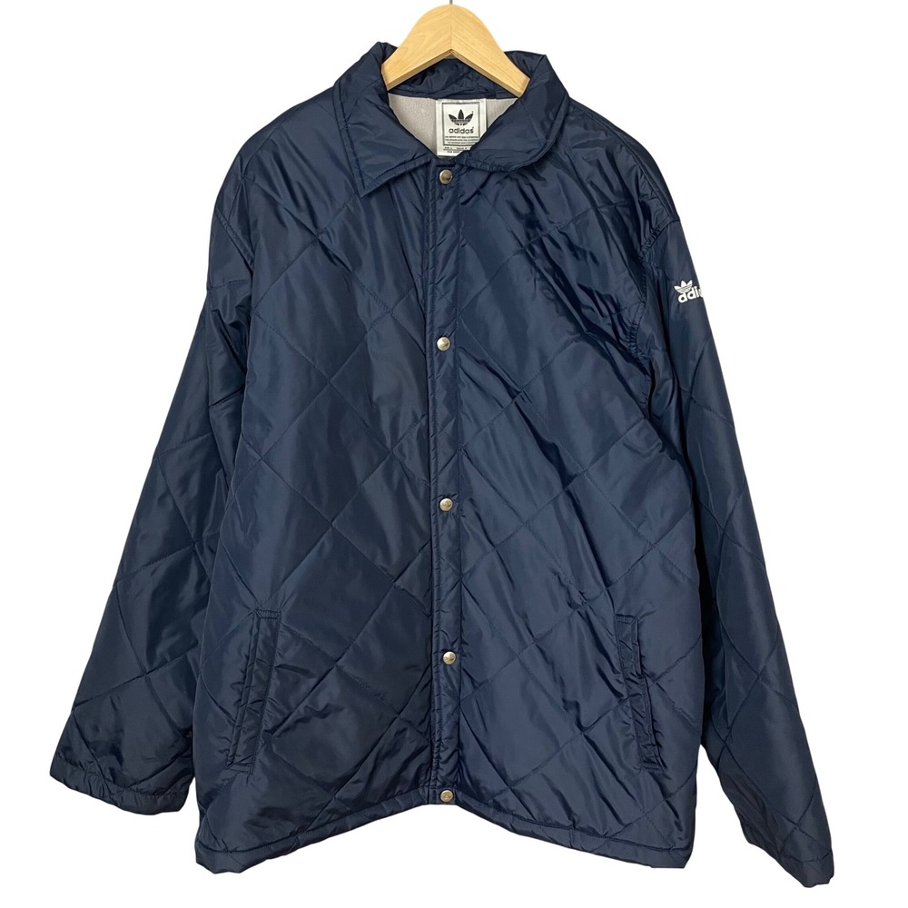 Adidas‎ Quilted Jacket Coach Navy Blue Men Large Snap Front Collar Boxy Fit Coat
